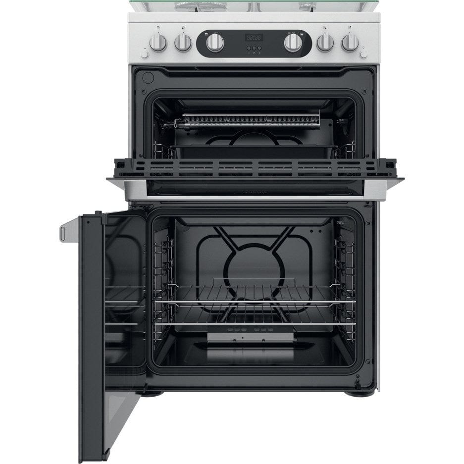Hotpoint HD67G02CCW 60cm Gas Cooker in White Twin Cavity Oven Gas Hob | Atlantic Electrics