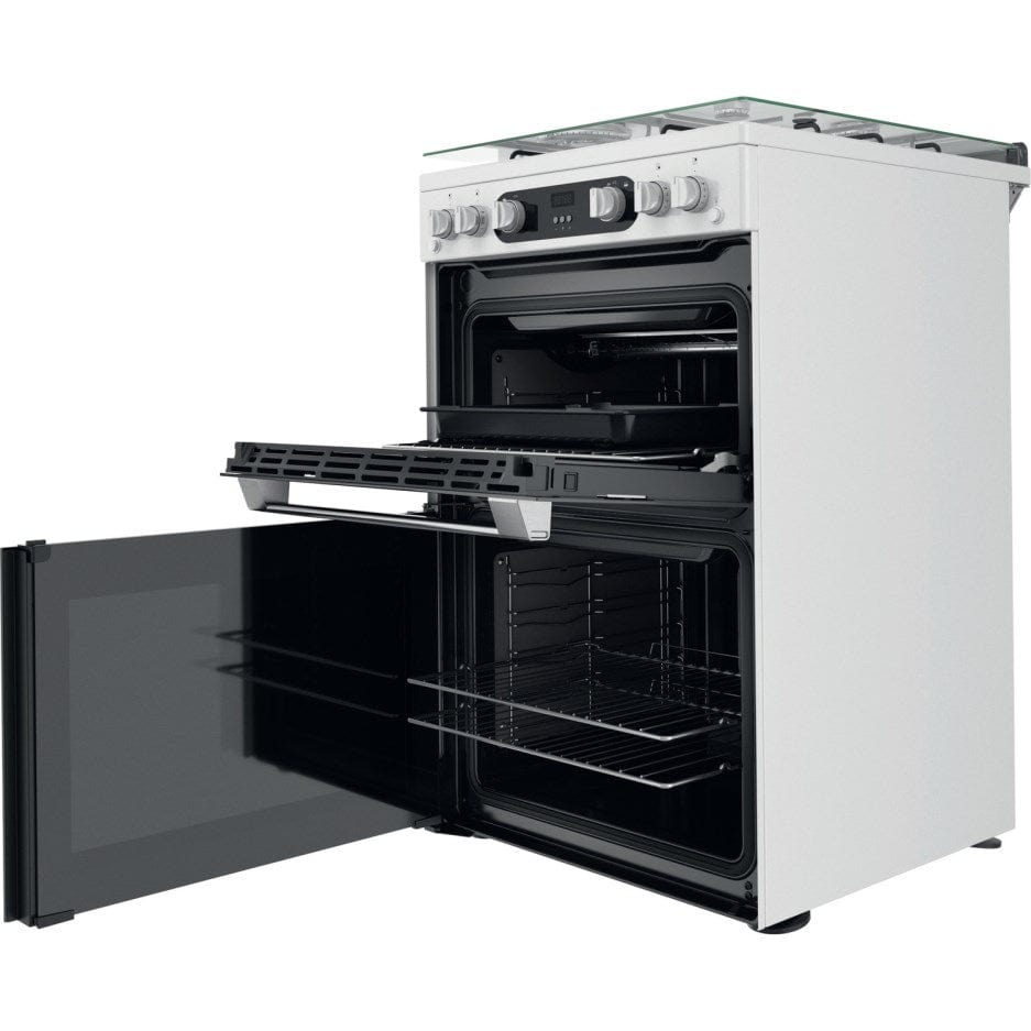 Hotpoint HD67G02CCW 60cm Gas Cooker in White Twin Cavity Oven Gas Hob | Atlantic Electrics