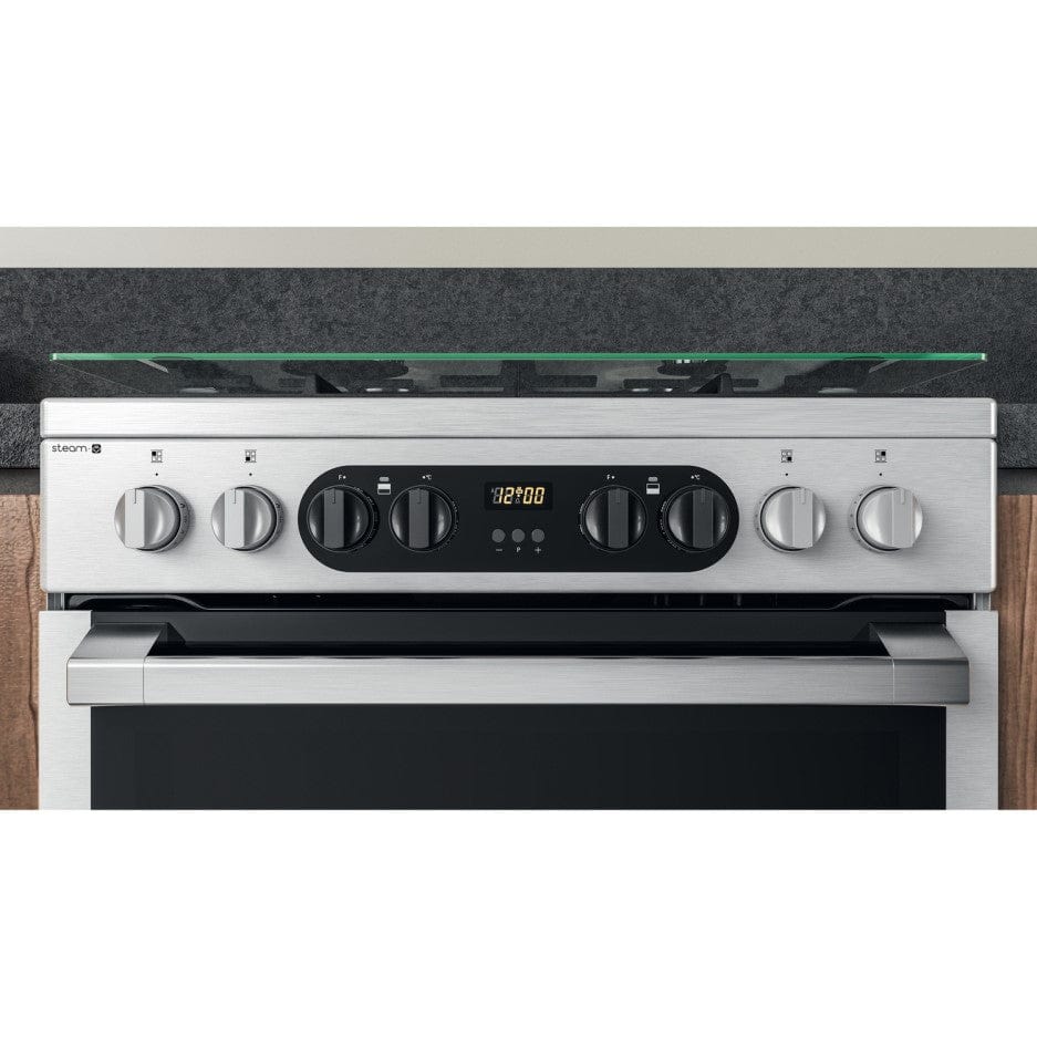 Hotpoint HD67G8CCX 60cm Dual Fuel Cooker Double Oven Gas Hob Stainless Steel | Atlantic Electrics