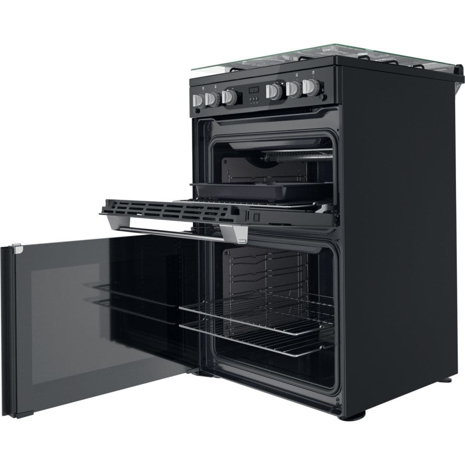 Hotpoint HDM67G0C2CB 60cm Gas Cooker in Black Twin Cavity Oven Gas Hob | Atlantic Electrics