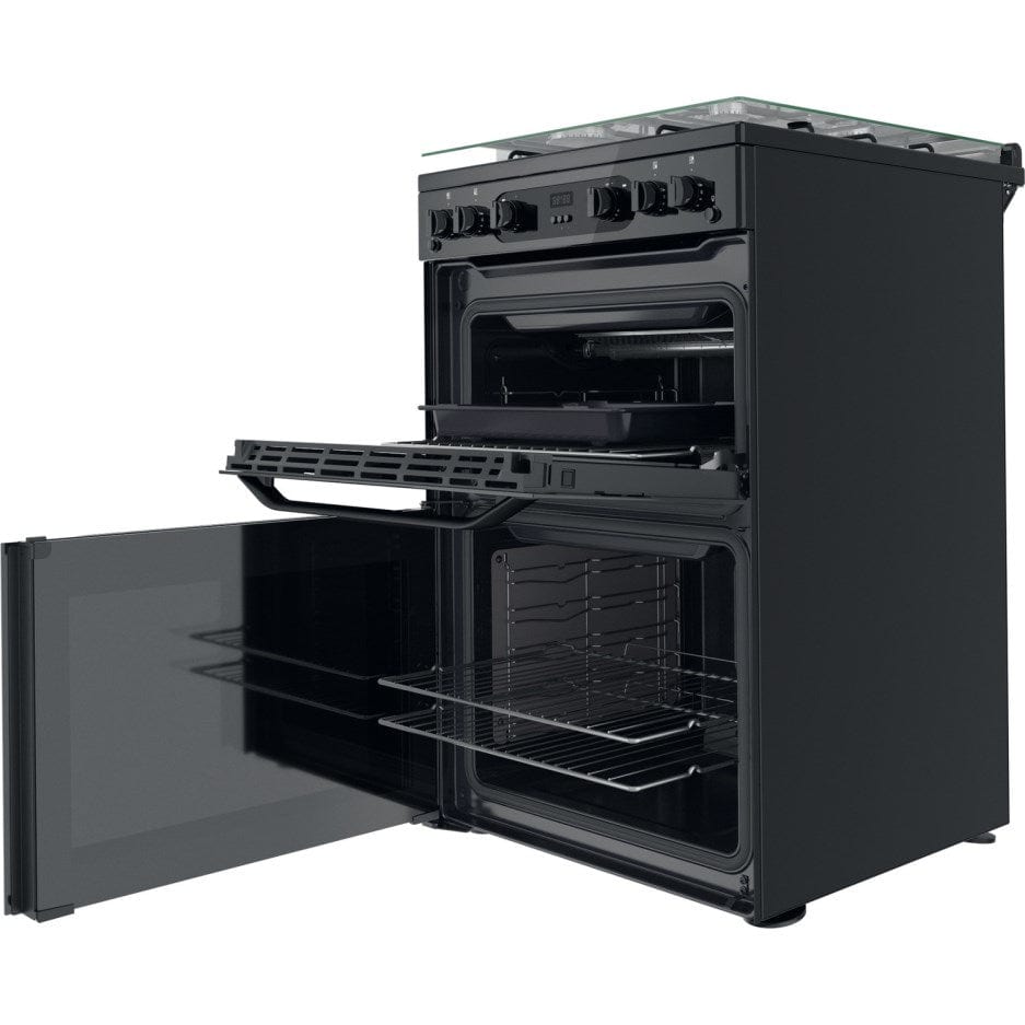 Hotpoint HDM67G0CCB 60cm Gas Cooker in Black Twin Cavity Oven Gas Hob | Atlantic Electrics