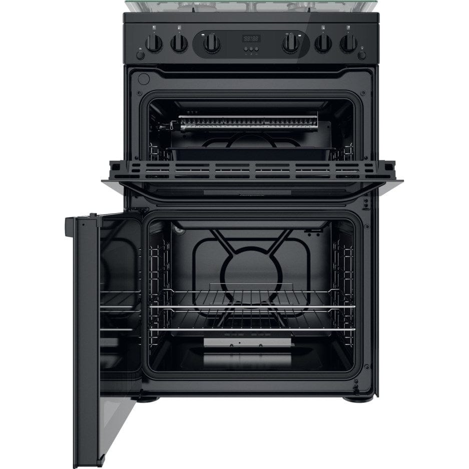 Hotpoint HDM67G0CCB 60cm Gas Cooker in Black Twin Cavity Oven Gas Hob | Atlantic Electrics