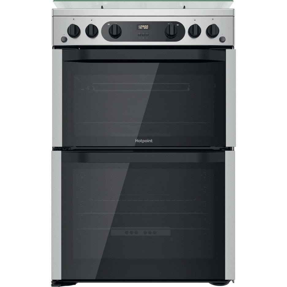 Hotpoint HDM67G0CCX 60cm Gas Double Oven Cooker Inox with Black Controls | Atlantic Electrics
