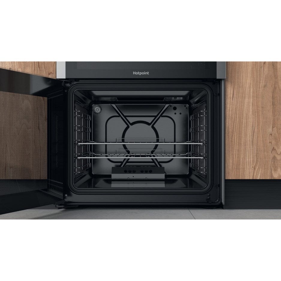 Hotpoint HDM67G0CCX 60cm Gas Double Oven Cooker Inox with Black Controls | Atlantic Electrics