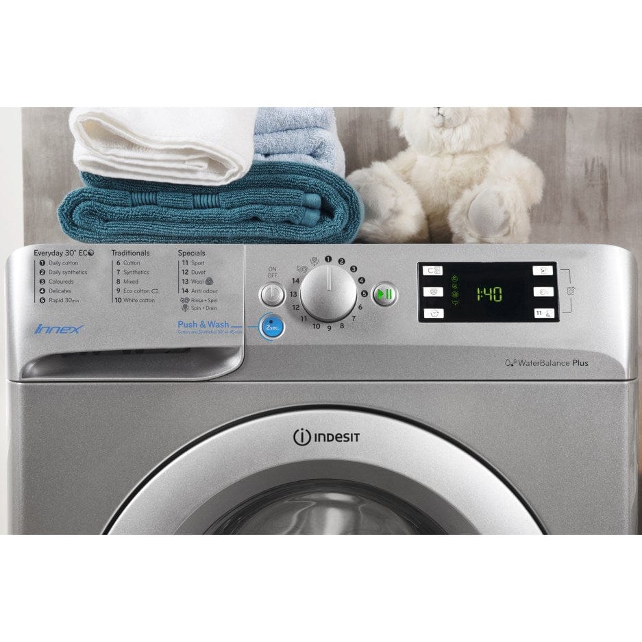 Indesit BWE91484 Freestanding Washing Machine 9kg Load 1400rpm Spin, Silver | Atlantic Electrics