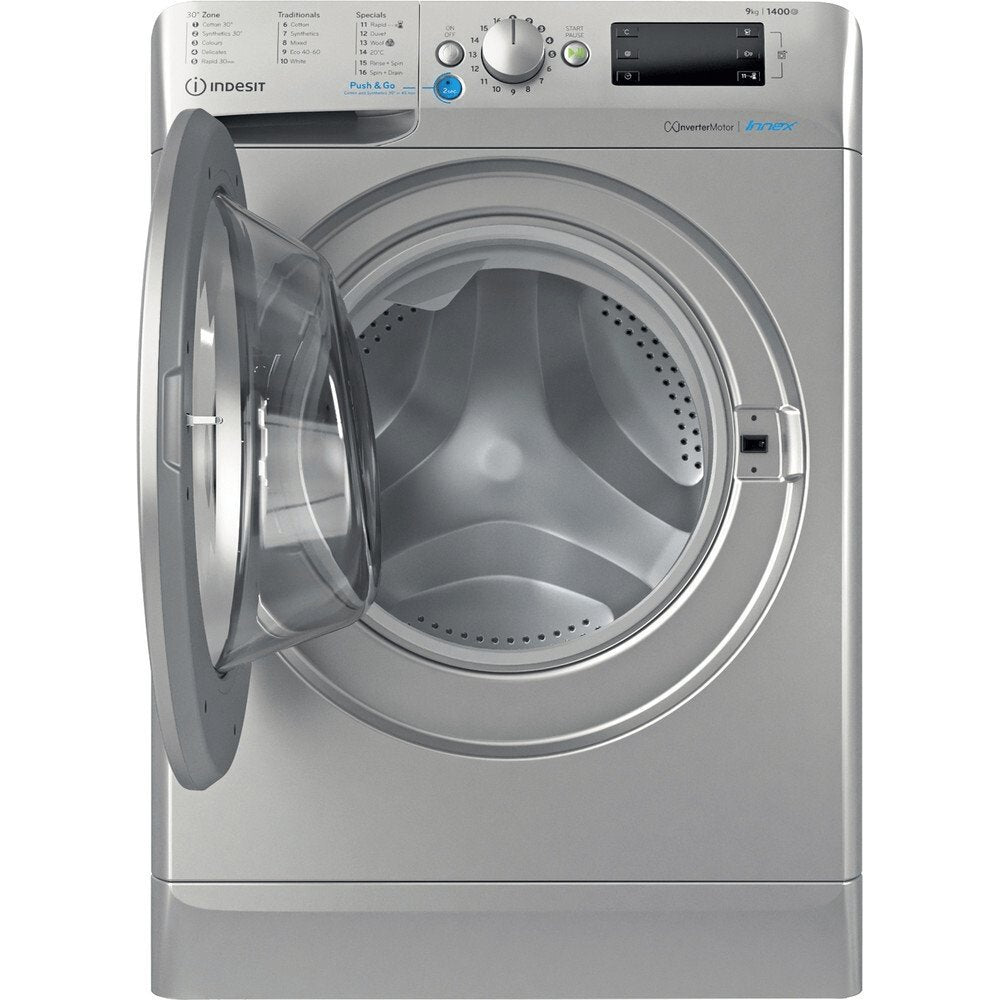 Indesit BWE91496XSUKN 9kg Washing Machine, 1400 rpm, 59.5cm Wide - Silver | Atlantic Electrics