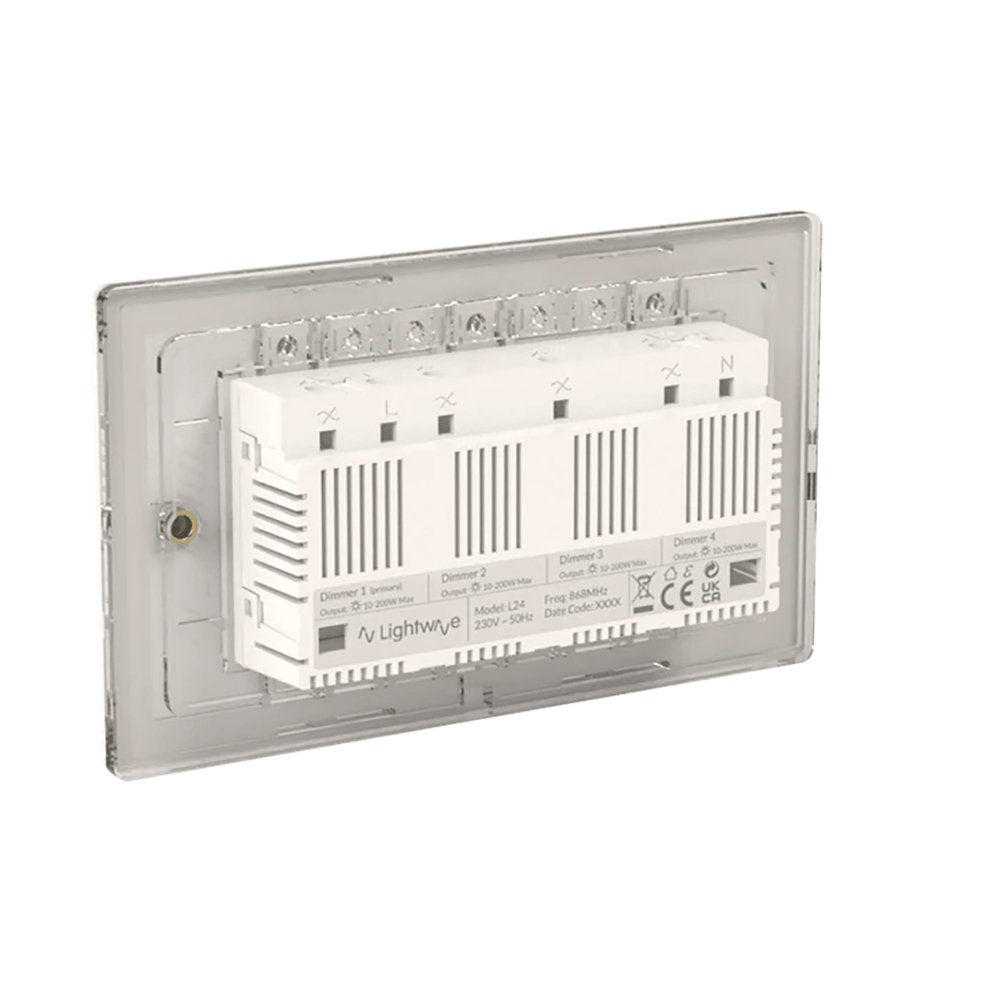 Lightwave LP24WH Smart Dimmer, 4 Gang, Works with Alexa, Google Assistant, HomeKit, iOS & Android Compatible - White Metal | Atlantic Electrics