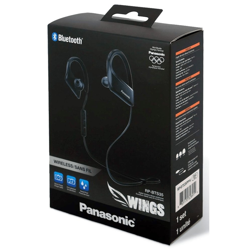 Panasonic Wings RPBTS35EK Cordless Neckband Water Resistant Bluetooth Earphones-Headphones - Black | Atlantic Electrics