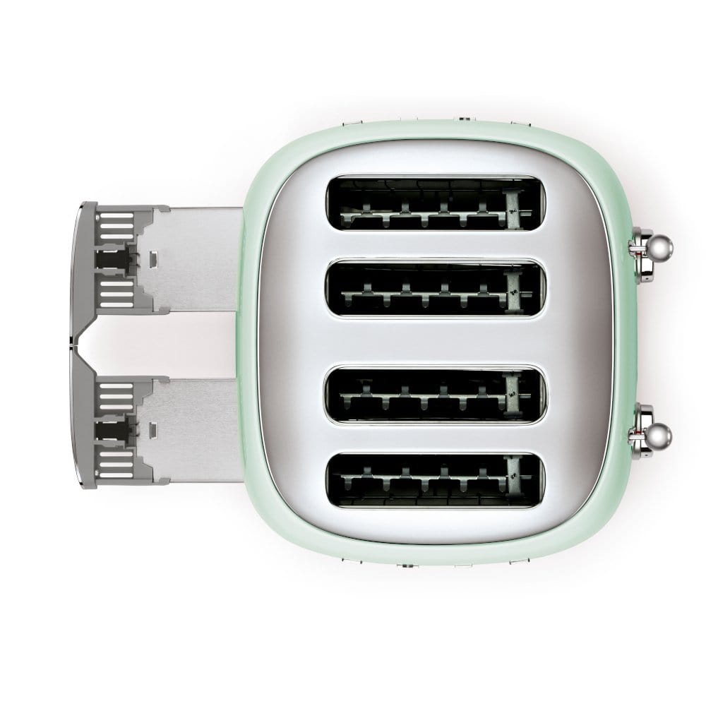 Smeg TSF03PGUK Retro 4 Slice Toaster, 4 Extra-Wide Slots, 6 Browning Levels, Automatic Pop-Up, Removable Crumb Trays, Reheat and Defrost Buttons, Anti Slip Feet, 2000 W, Pastel Green | Atlantic Electrics