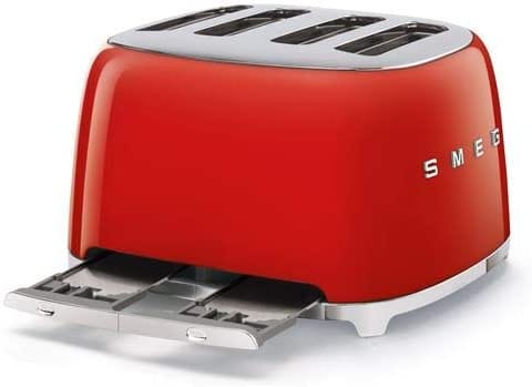 Smeg TSF03RDUK Retro 4 Slice Toaster, 4 Extra-Wide Slots, 6 Browning Levels, Automatic Pop-Up, Removable Crumb Trays, Reheat and Defrost Buttons, Anti Slip Feet, 2000 W, Red | Atlantic Electrics