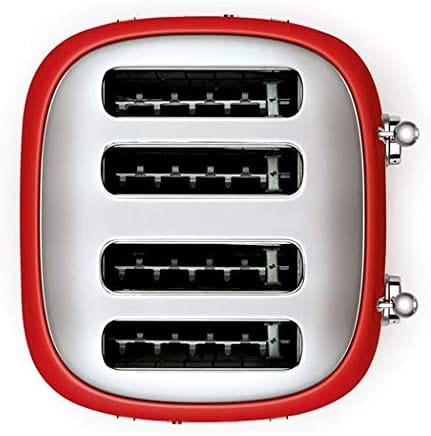 Smeg TSF03RDUK Retro 4 Slice Toaster, 4 Extra-Wide Slots, 6 Browning Levels, Automatic Pop-Up, Removable Crumb Trays, Reheat and Defrost Buttons, Anti Slip Feet, 2000 W, Red | Atlantic Electrics