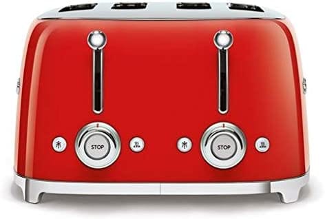 Smeg TSF03RDUK Retro 4 Slice Toaster, 4 Extra-Wide Slots, 6 Browning Levels, Automatic Pop-Up, Removable Crumb Trays, Reheat and Defrost Buttons, Anti Slip Feet, 2000 W, Red | Atlantic Electrics