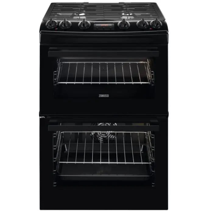 Zanussi ZCK66350BA Dual Fuel Double Oven Cooker with Gas Hob- Black | Atlantic Electrics