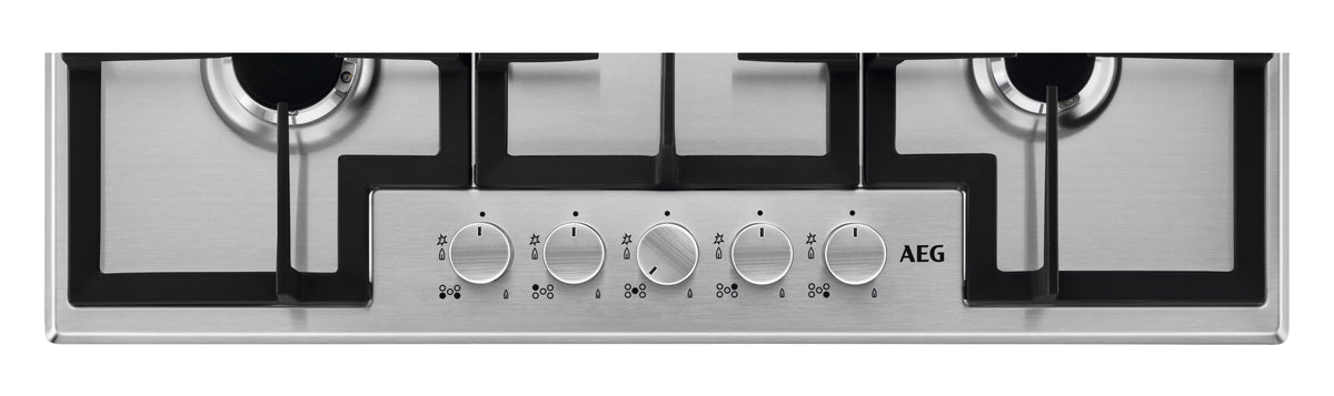 AEG HGX75400SM 75cm wide 5 burner gas hob with Triple crown burner. Black/Silver controls. Cast iro