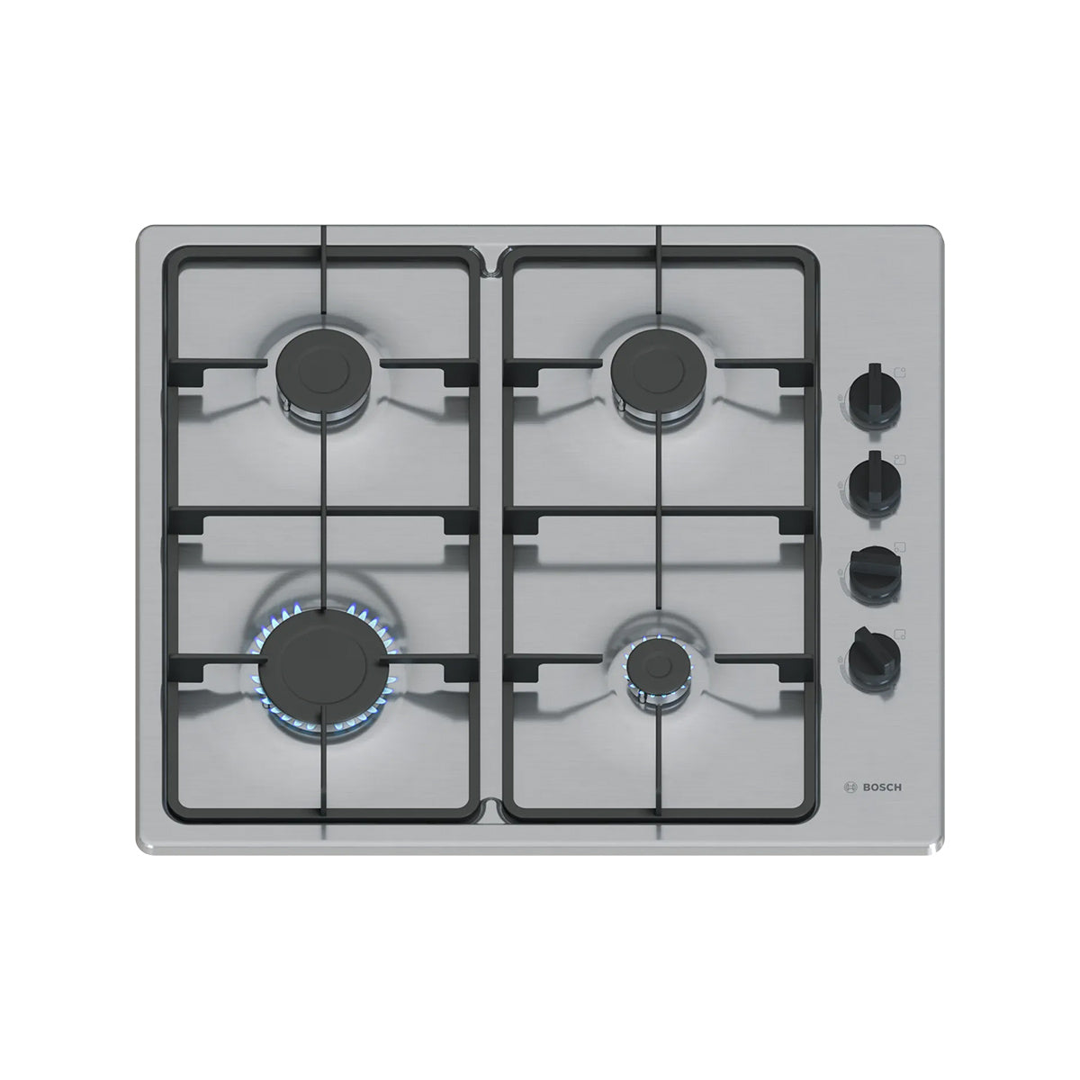 Bosch PBP6B5K60 Series 2 Gas Hob, 4 Burners, Knob Ignition, 58cm Wide - Stainless Steel