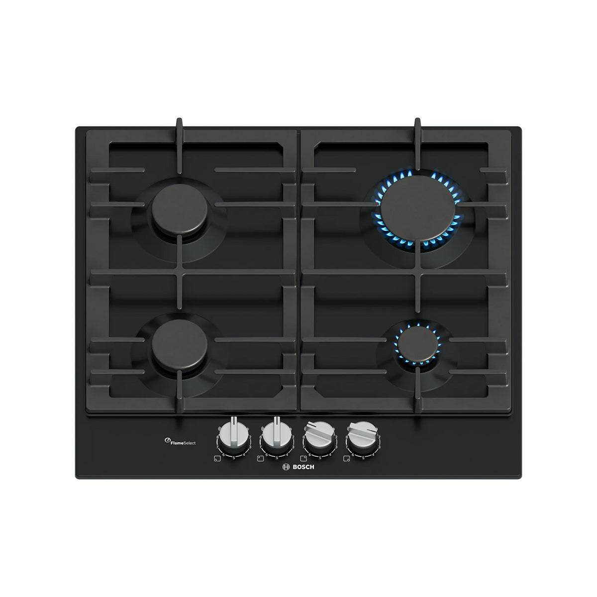 Bosch PCP6A6I90 Series 6 Gas Hob, 4 Burners, Knob Ignition, 58.2cm Wide - Black, Enamel