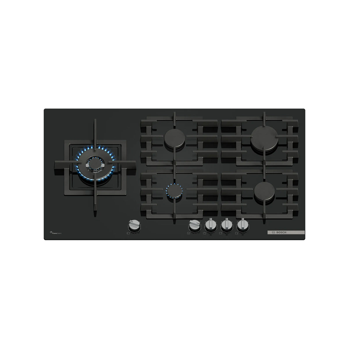 Bosch PPM9A6I40 Series 6 Gas Hob, 5 Burners, Knob Ignition, Flush or Surface Mounted, 91.5cm Wide - Black, Tempered Glass