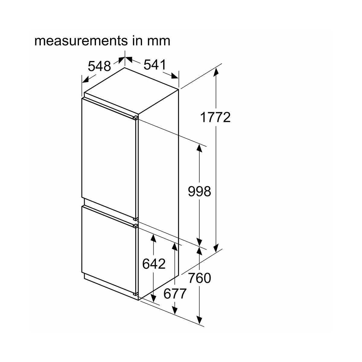 Bosch KIN86VSE0G Series 4 Built-In Fridge Freezer With Freezer At Bottom, 184/76 Litre, No Frost, 54.1cm Wide - Sliding Hinge