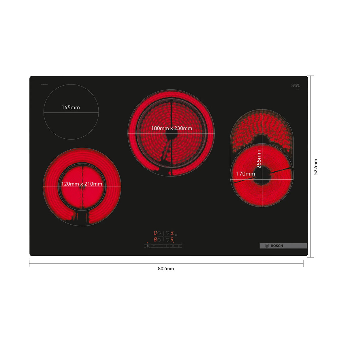 Bosch PKH811BB1D Series 4 Electric Hob, 4 Cooking Zones, Surface Mount Without Frame, 80.2cm Wide - Black, Ceramic Glass