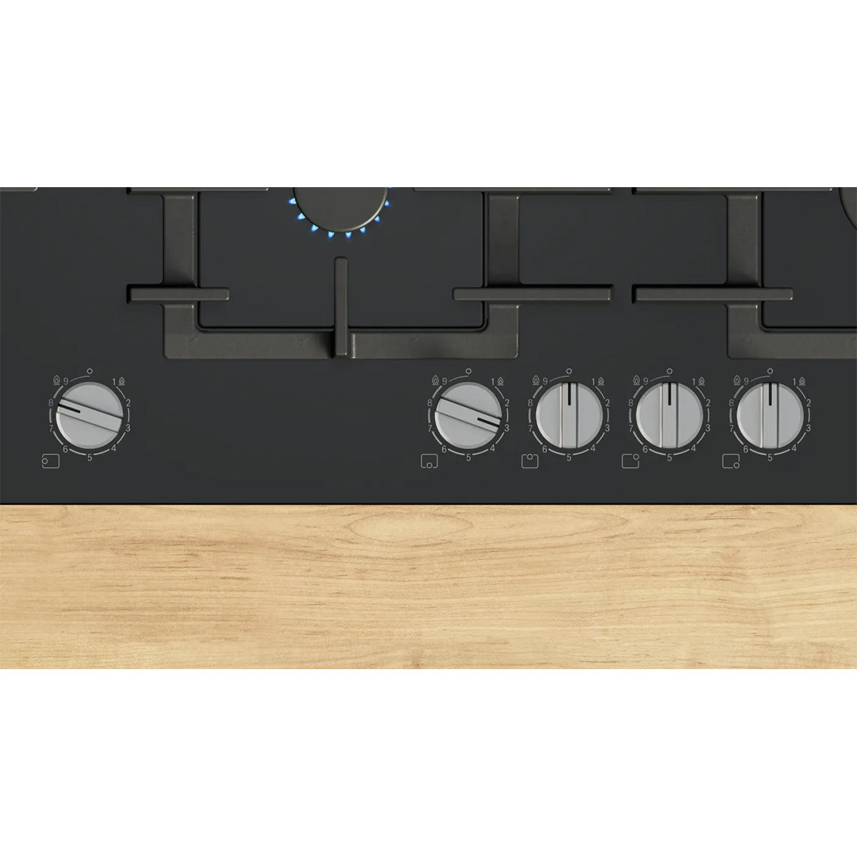 Bosch PPM9A6I40 Series 6 Gas Hob, 5 Burners, Knob Ignition, Flush or Surface Mounted, 91.5cm Wide - Black, Tempered Glass