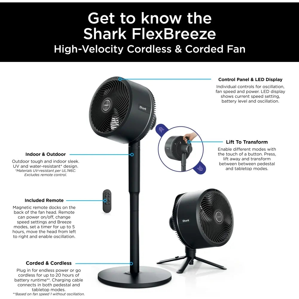 Shark FA220UK FlexBreeze High-Velocity Hybrid Cordless & Corded Fan - Black - 43475050266847 