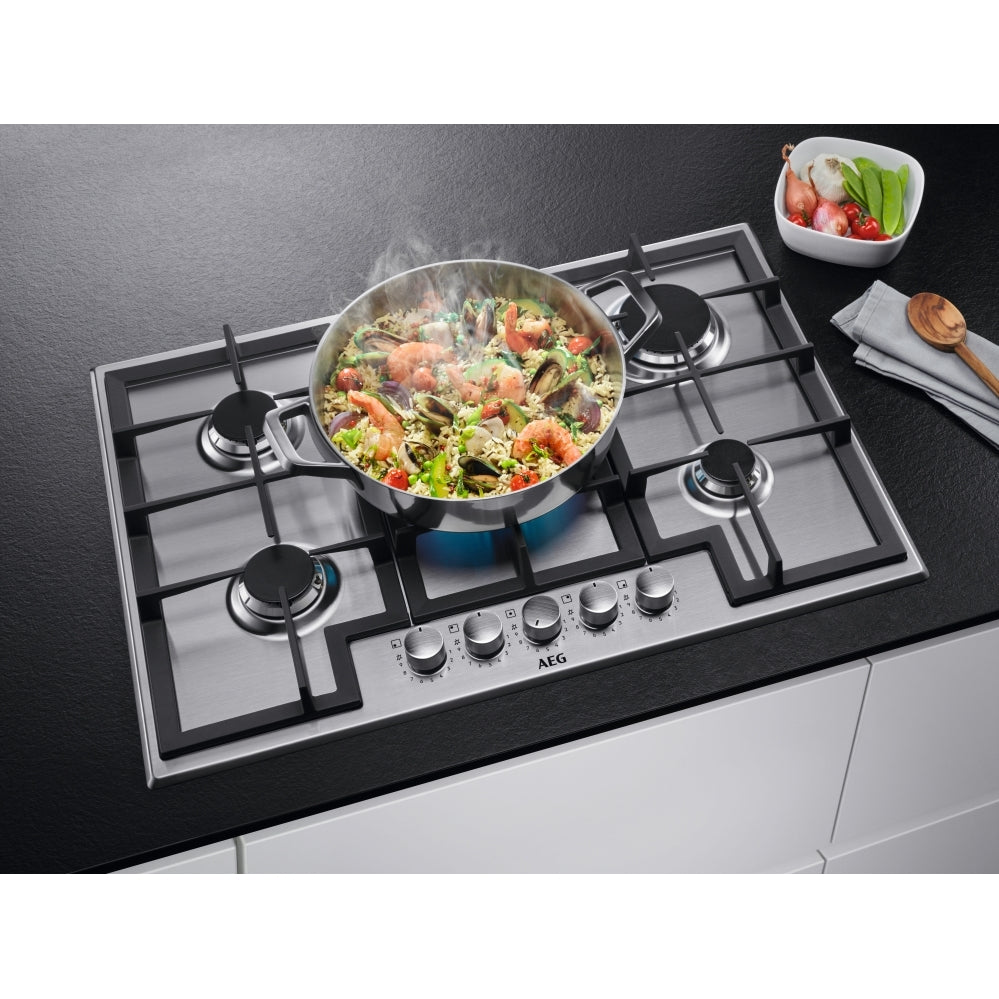 AEG HGX75400SM 75cm wide 5 burner gas hob with Triple crown burner. Black/Silver controls. Cast iro