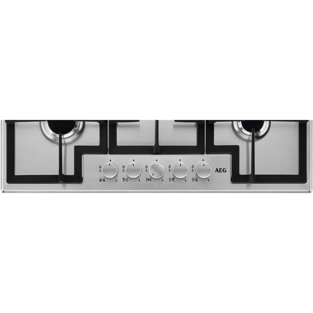 AEG HGX75400SM 75cm wide 5 burner gas hob with Triple crown burner. Black/Silver controls. Cast iro