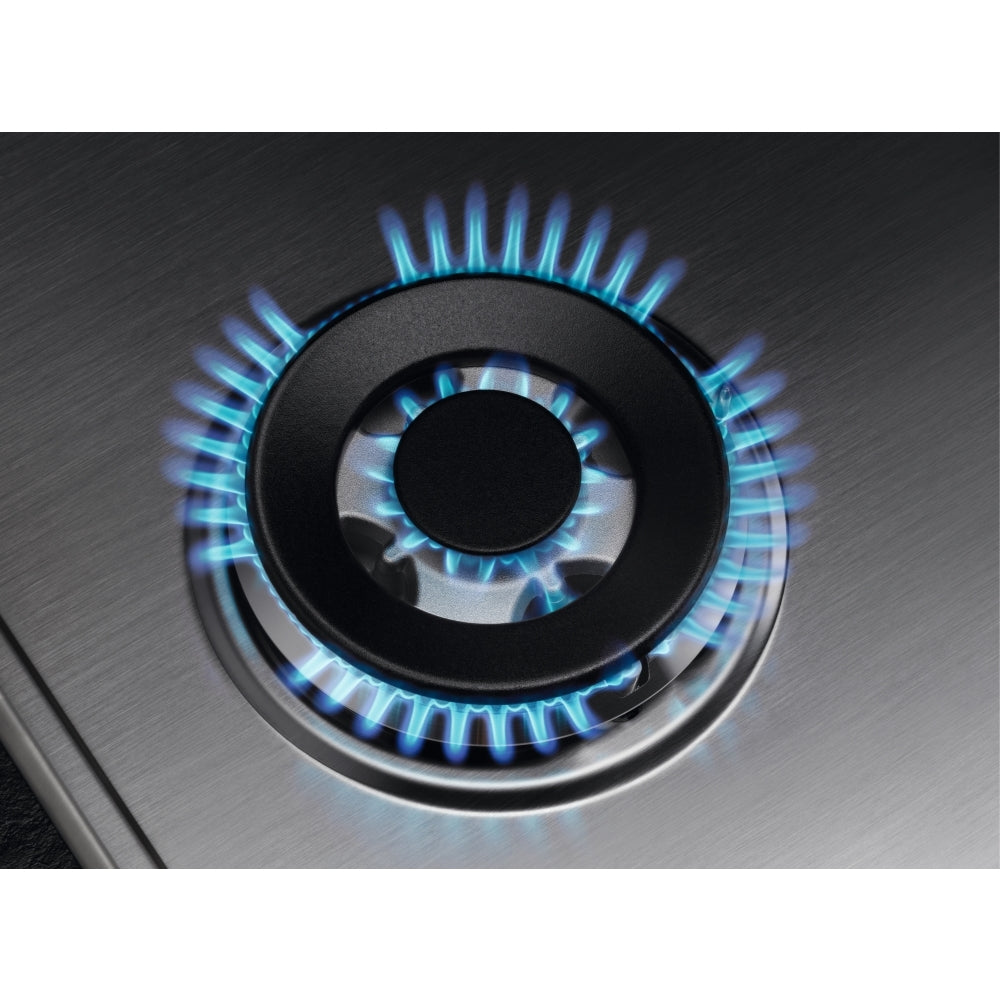 AEG HGX75400SM 75cm wide 5 burner gas hob with Triple crown burner. Black/Silver controls. Cast iro