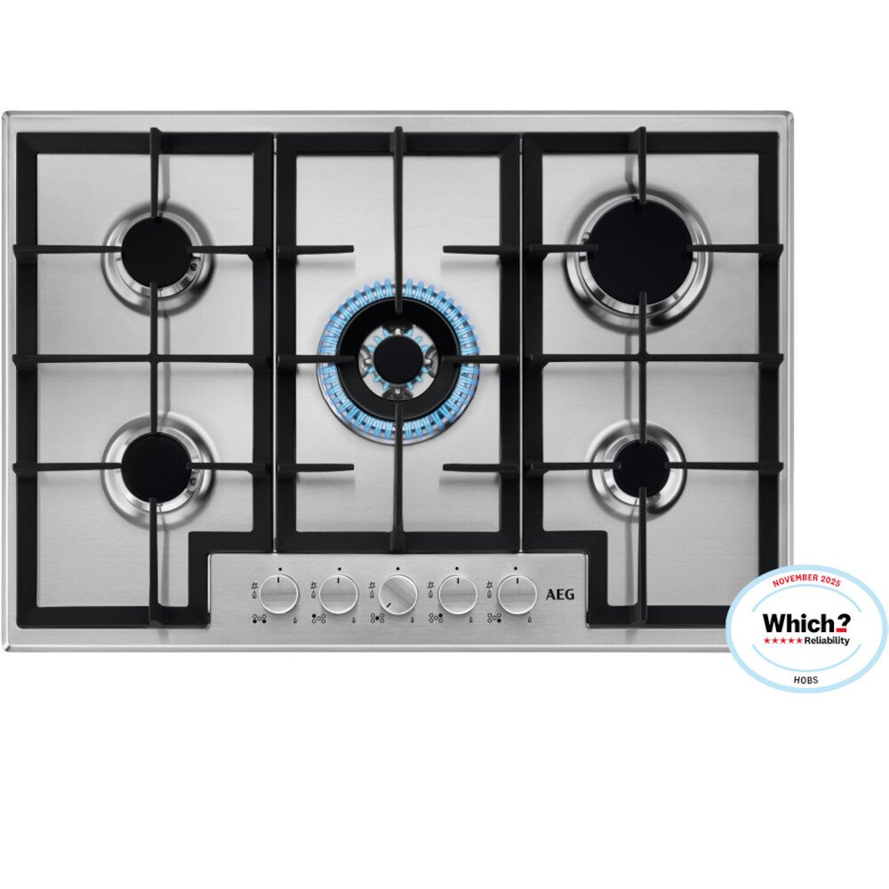 AEG HGX75400SM 75cm wide 5 burner gas hob with Triple crown burner. Black/Silver controls. Cast iro