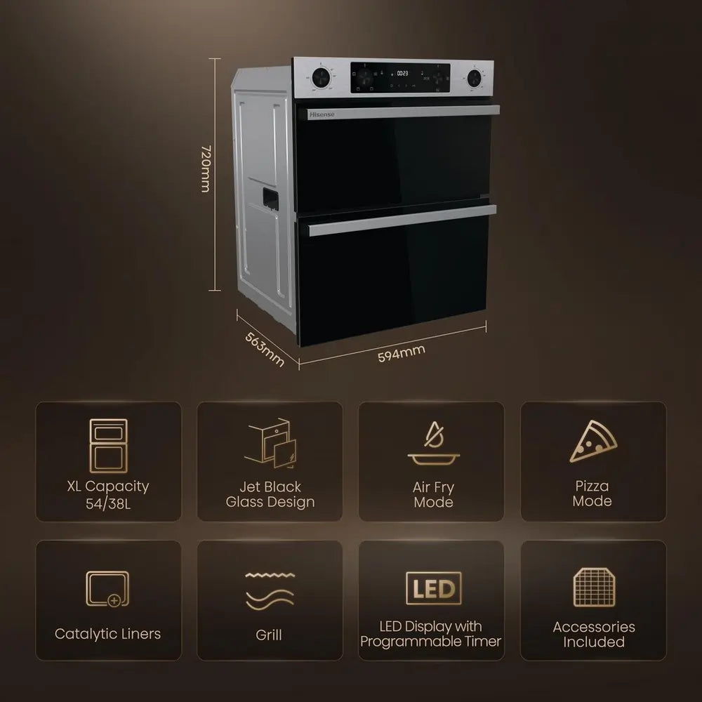 Hisense BUD714221CX 59.4cm Built-Under Electric Double Oven, Black & Stainless Steel