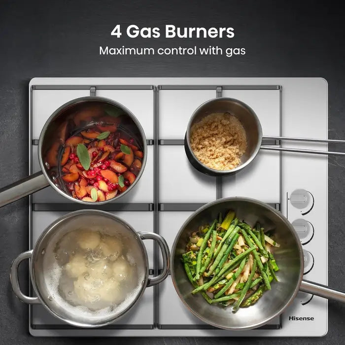 Hisense GM642XHS 60cm 4 Burner Gas Hob, Stainless Steel