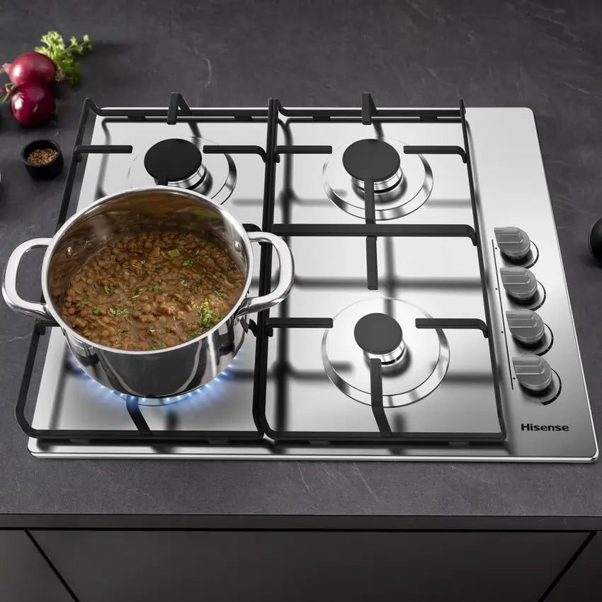 Hisense GM642XHS 60cm 4 Burner Gas Hob, Stainless Steel