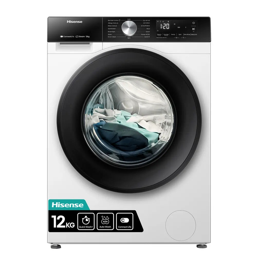 Hisense WF3S1243BW3 12kg 1400 Spin Steam Washing Machine, White
