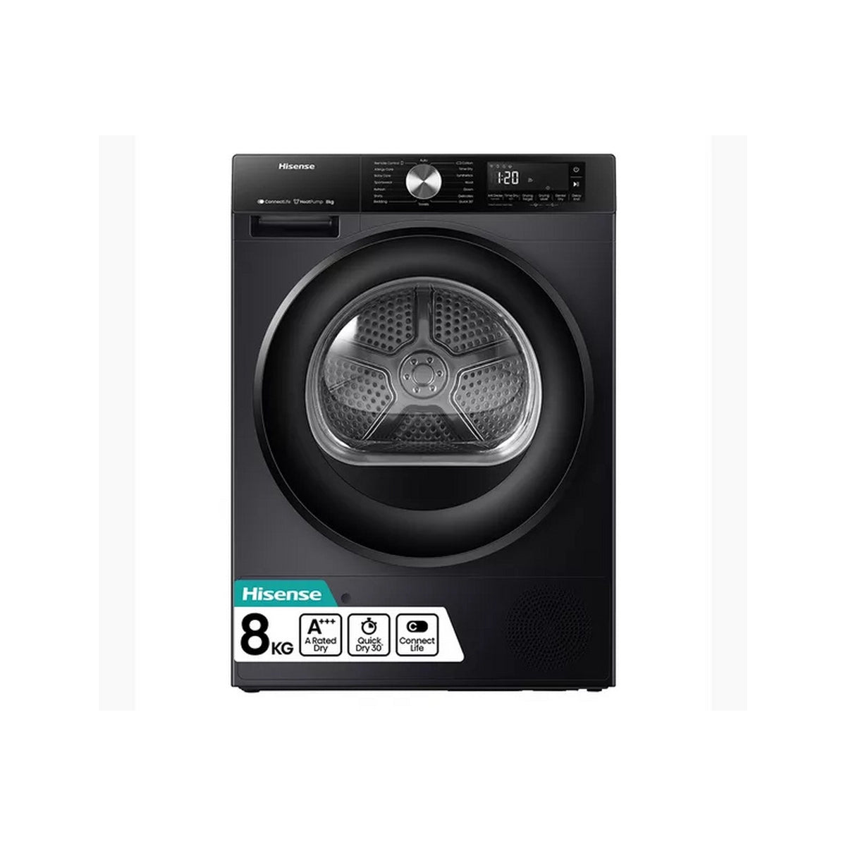Hisense DH3S802BB3 3S Series 8Kg Freestanding Heat Pump Tumble Dryer, WiFi-Enabled, 59.5cm Wide - Black