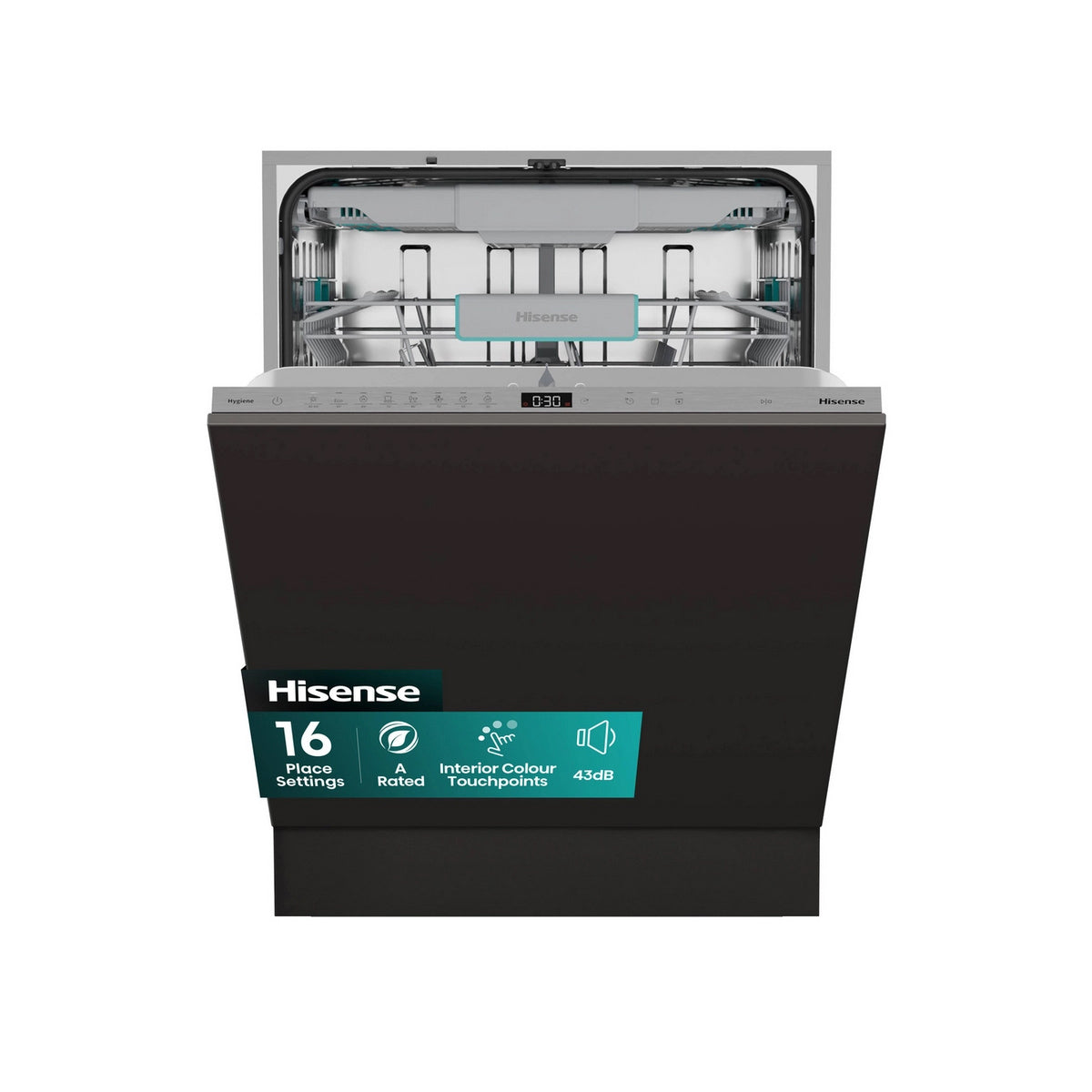 Hisense HV16AUK Full-Size Fully Integrated Dishwasher, 16 Place Settings, 59.8cm Wide - Fixed Hinge