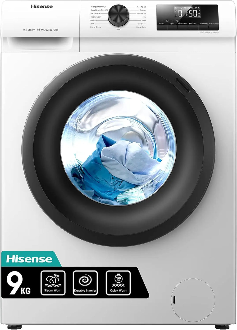 Hisense WFQP9014EVM 9kg 1400 Spin Washing Machine, White - 72787660767605 