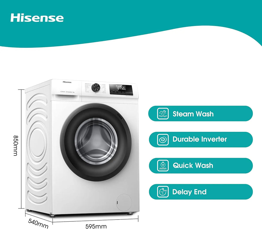 Hisense WFQP9014EVM 9kg 1400 Spin Washing Machine, White - 72787660931445 