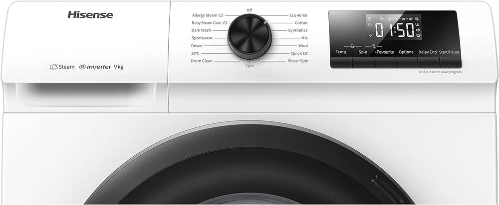 Hisense WFQP9014EVM 9kg 1400 Spin Washing Machine, White - 72787660898677 