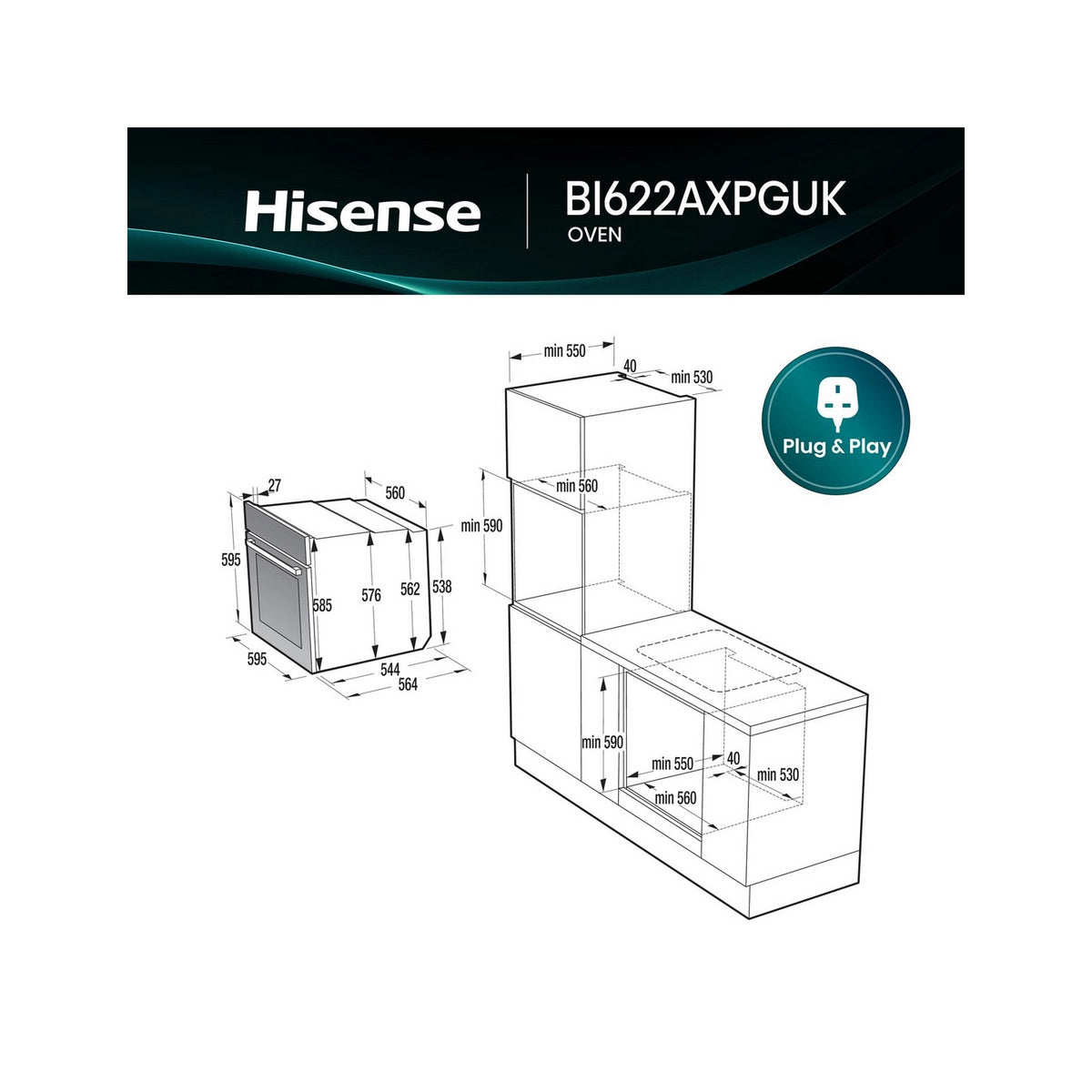 Hisense BI622AXPGUK Built-In Electric Single Oven, 77 Litre, 59.5cm Wide - Black & Stainless Steel