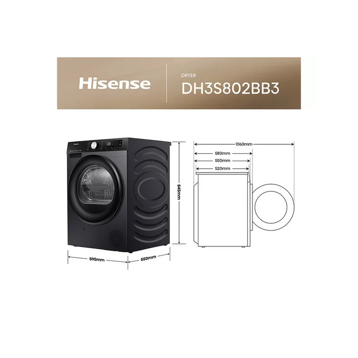 Hisense DH3S802BB3 3S Series 8Kg Freestanding Heat Pump Tumble Dryer, WiFi-Enabled, 59.5cm Wide - Black