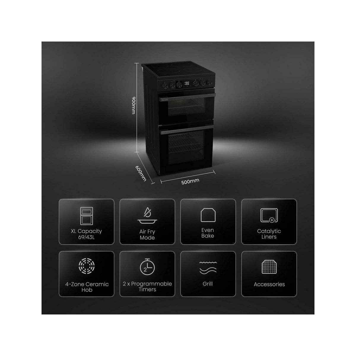 Hisense HDCEC5C10B 68/43L Double Oven Electric Cooker With Ceramic Hob, 50cm Wide - Black