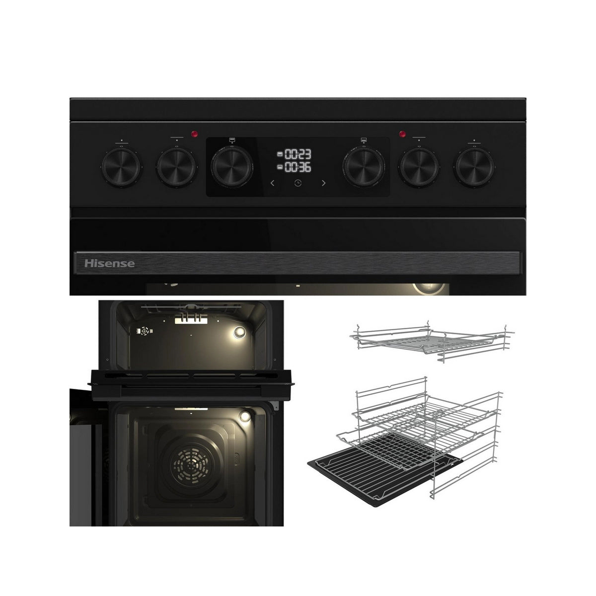 Hisense HDCEC5C10B 68/43L Double Oven Electric Cooker With Ceramic Hob, 50cm Wide - Black