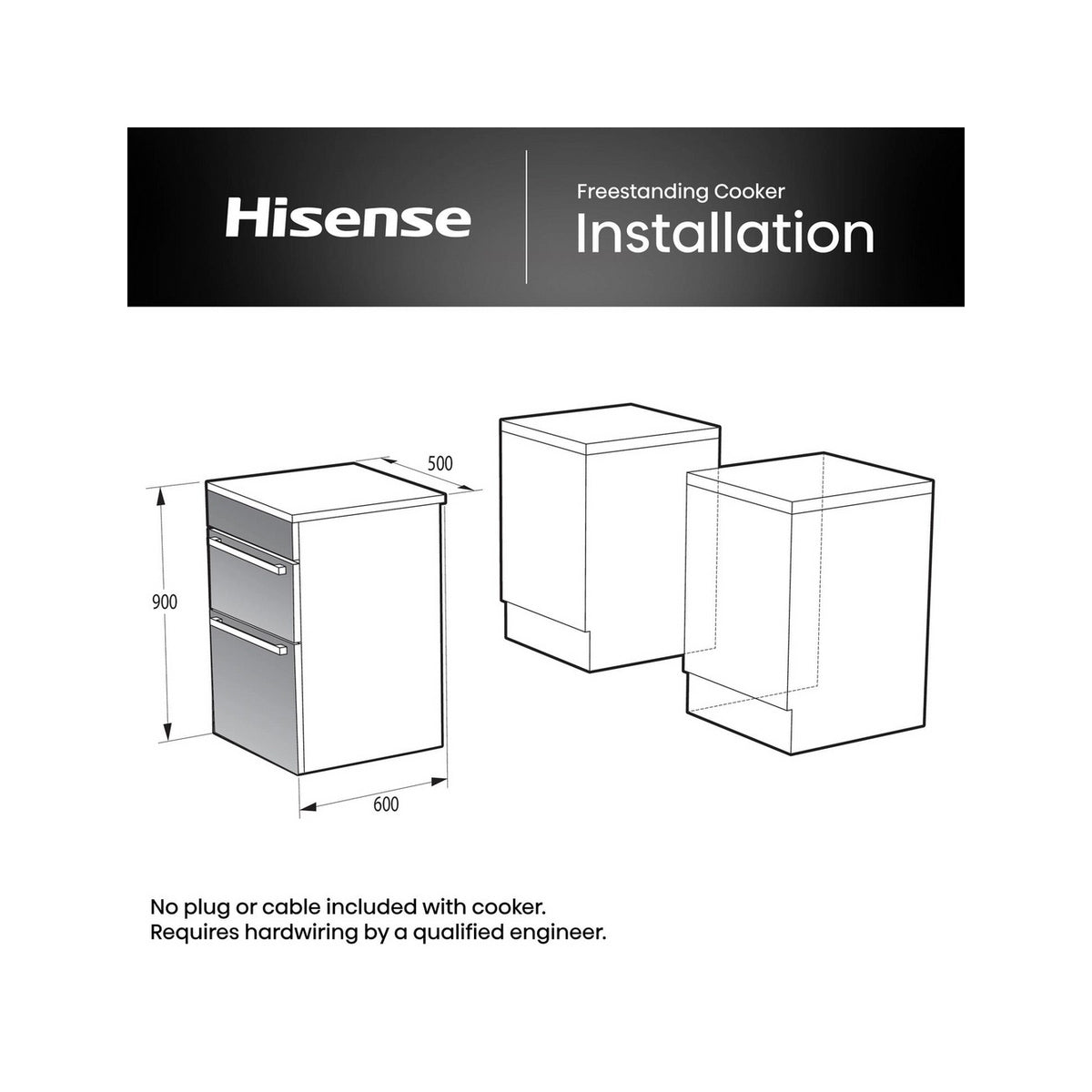 Hisense HDCEC5C10B 68/43L Double Oven Electric Cooker With Ceramic Hob, 50cm Wide - Black
