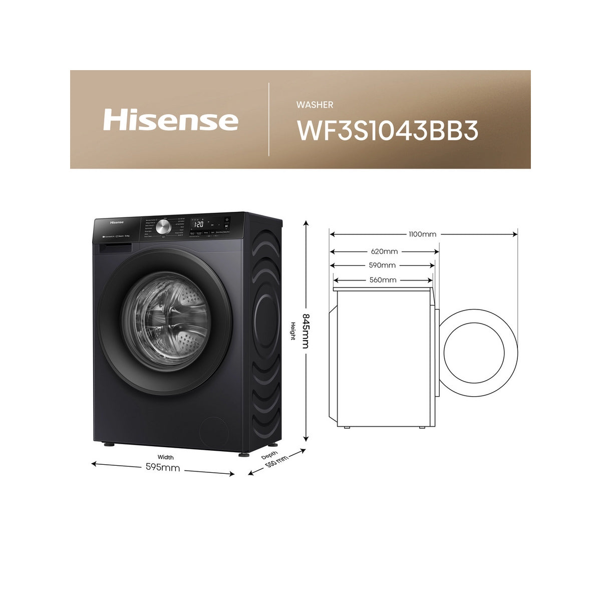 Hisense WF3S1043BB3 10.5kg Freestanding Steam Washing Machine, 1400 Spin, 59.5cm Wide - Black