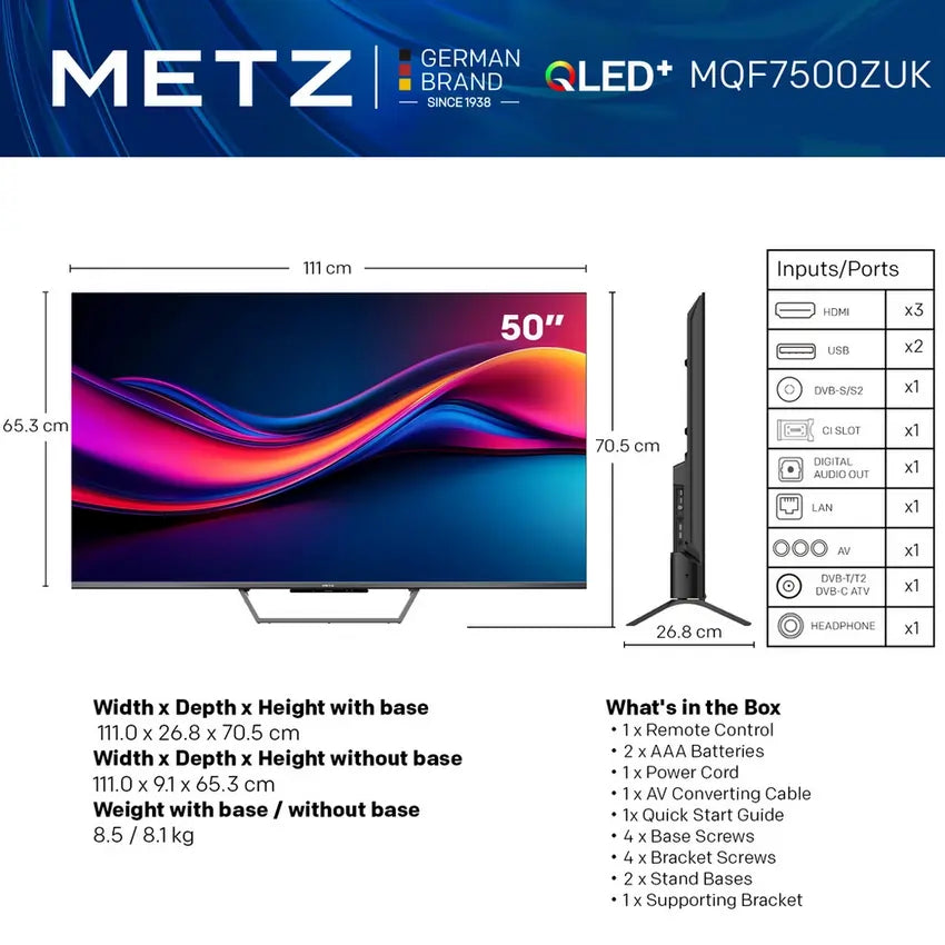 Metz 50MQF7500ZUK 50" 4K QLED Smart TV, Black