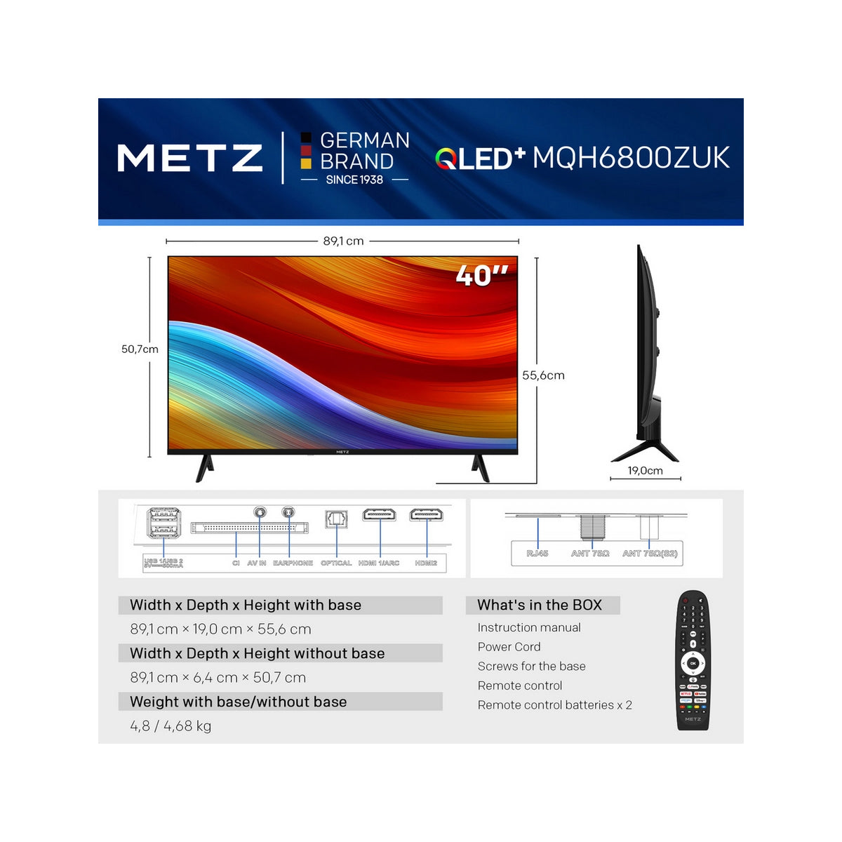Metz 40MQH6800ZUK 40" HD Smart QLED TV With Freely Power by Tivo - Black
