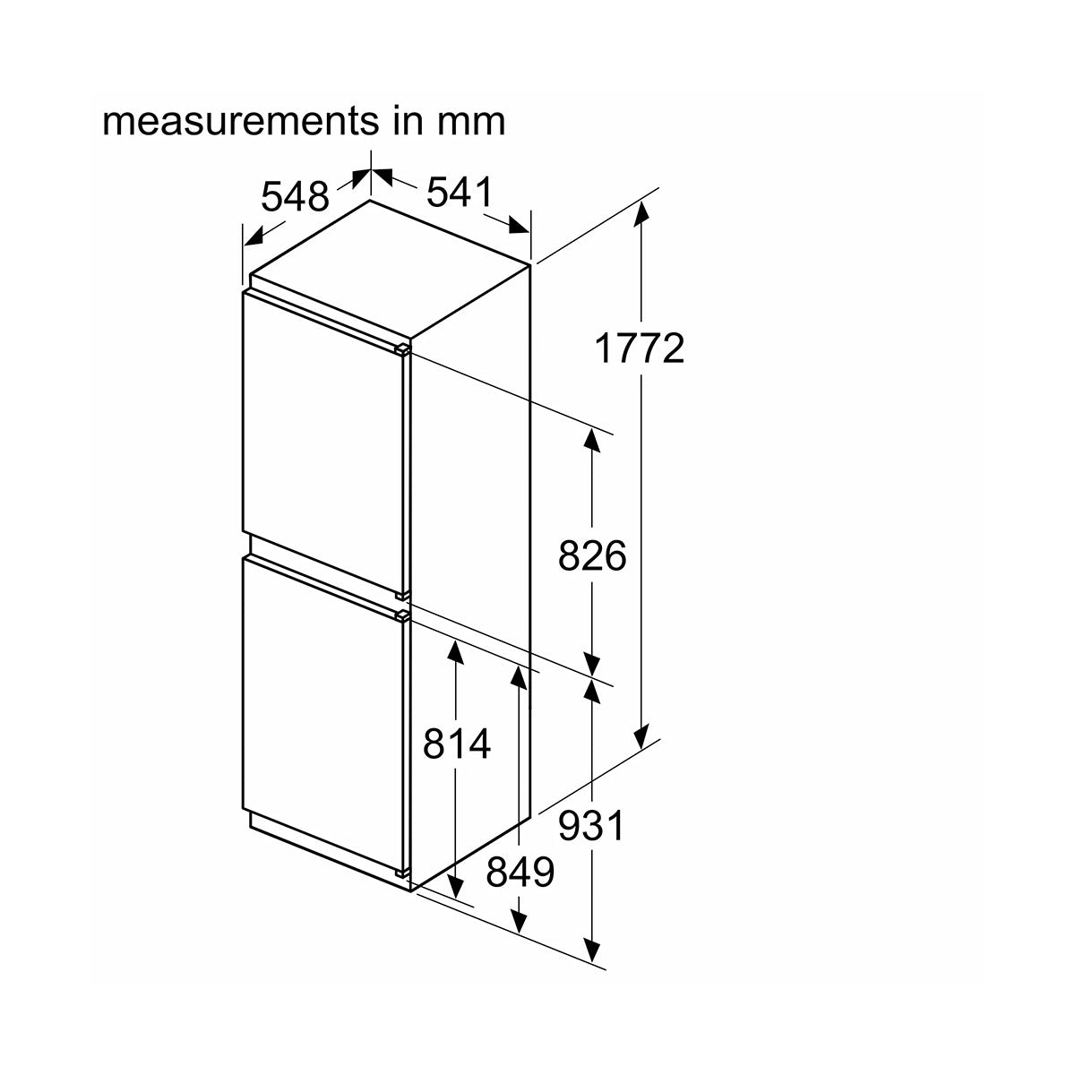 NEFF KI7851SE0G N 30 Built-In Fridge Freezer With Freezer At Bottom, 150/99 Litre, 54.1cm Wide - Sliding Hinge