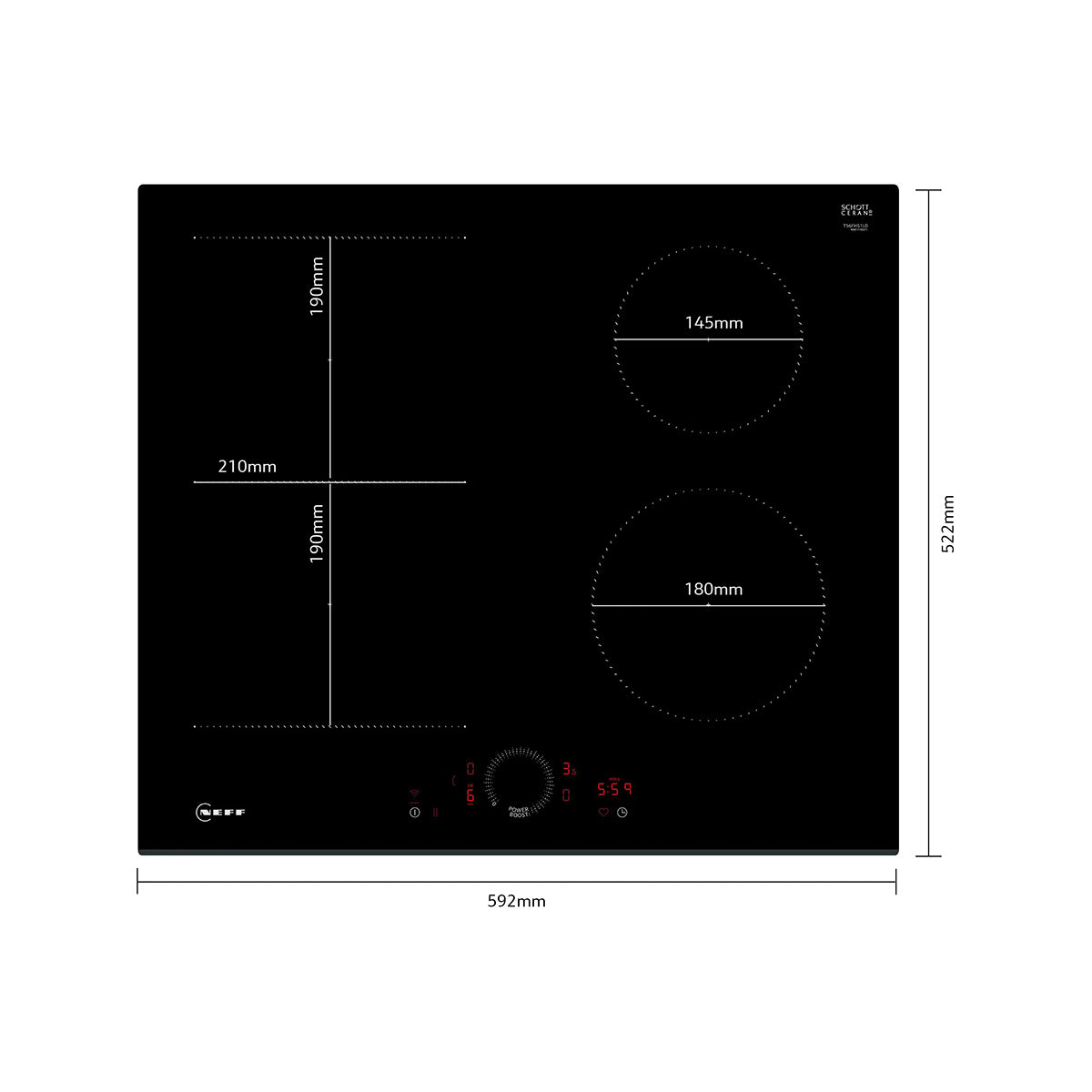 NEFF T56FHS1L0 N 70 Induction Hob, Surface Mount Without Frame, 4 Zones, Combi Zone, 59.2cm Wide - Black, Ceramic