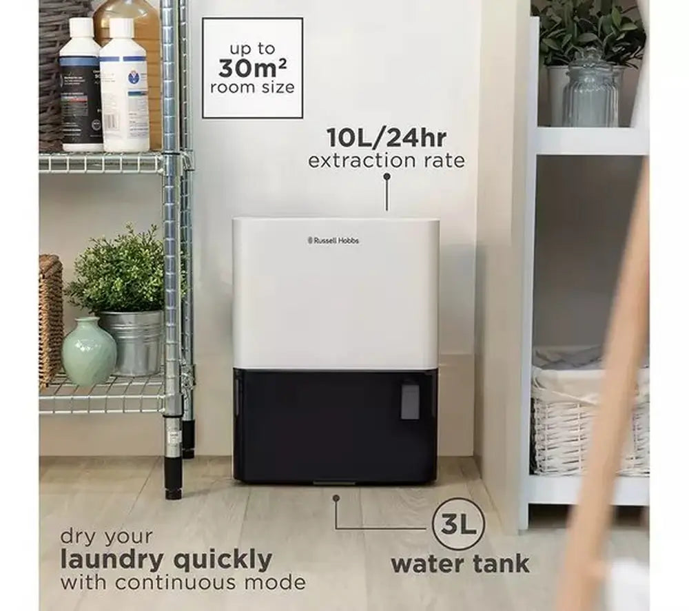 Russell Hobbs RHDH1001 10 Litre Dehumidifier With 2 Litre Water Tank, White & Black - 43939297493215 