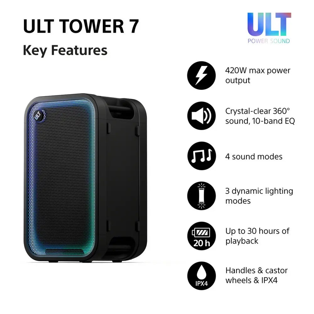 Sony SRSULT700.CEL Wireless ULT Tower 7 Deep Bass Party Speaker with 360 Party sound & DJ Input, Black
